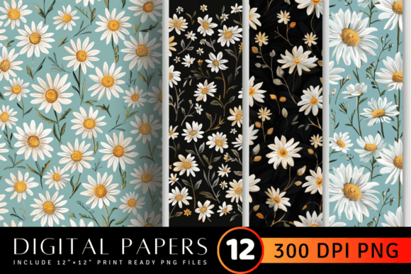 Daisy Embroidery Flowers Digital Paper